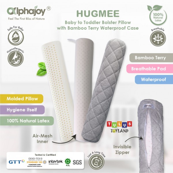 Guling bayi Anak Waterproof Alphajoy HUGMEE Baby Toddler Bolster 60 x 10 Natural Latex Pillow bantal peluk balita sarung Bamboo Terry anti ompol lembut