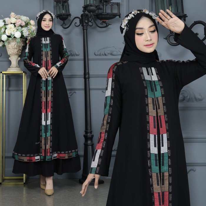 Gamis Abaya Turkey Hitam Bordir Warna Warni - Hitam, M(J0D3) Gamis Abaya Turkey REAL PICT Gamis Abay