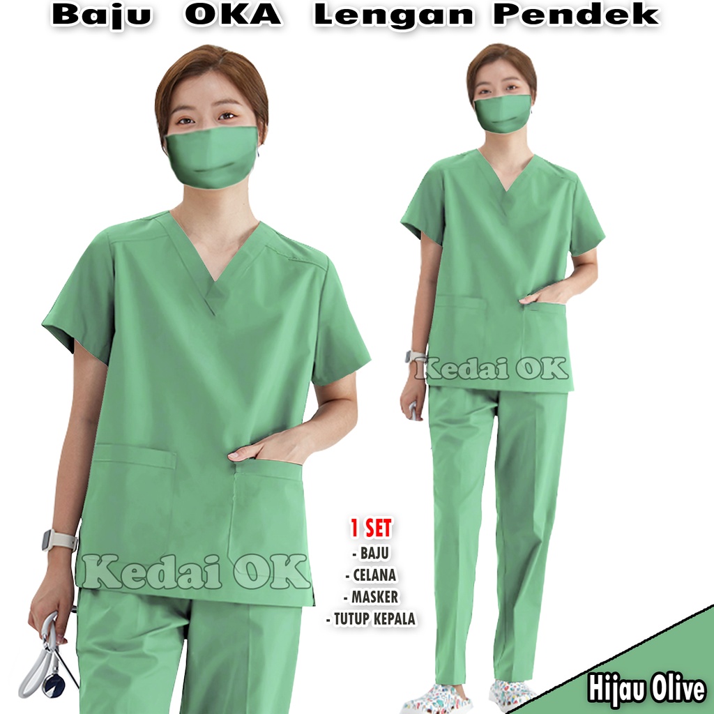 Jual Baju Oka - Seragam Ok Lengan Pendek - Baju Jaga Perawat - Scrub Oka Dokter Bidan - Baju Stenen - Bahan American Drill - Pria dan Wanita