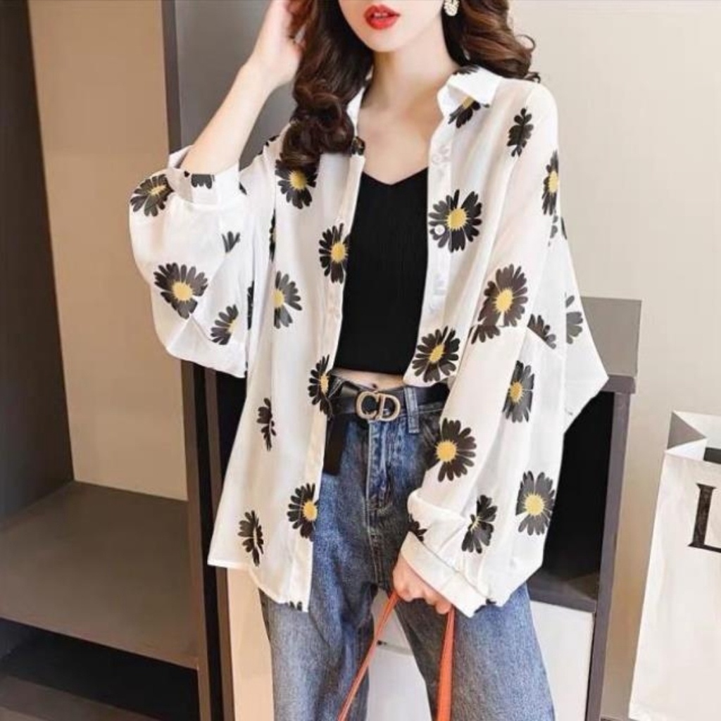 8542  Baju atasan kemeja CHIFFON SHIRT lengan panjang motif bunga Korea Korean style wanita import B