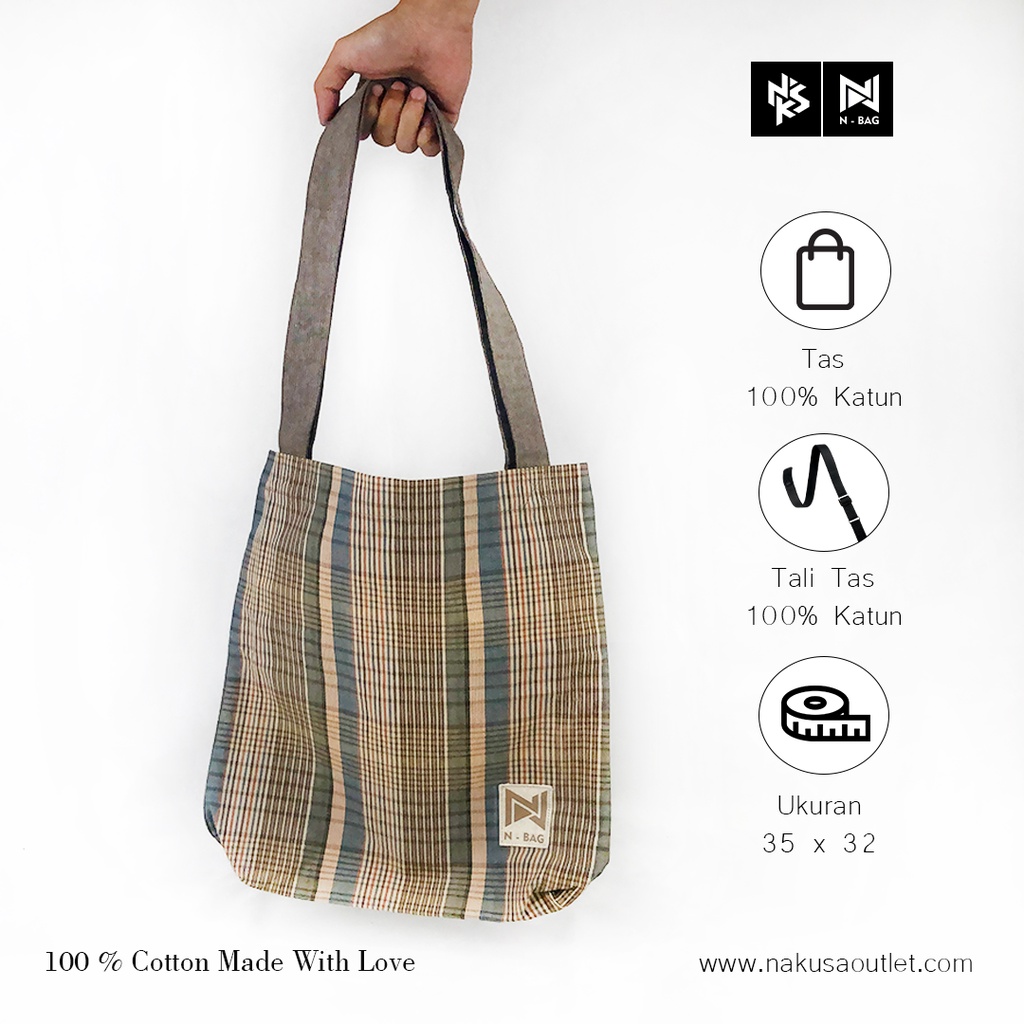 N-BAG 2 - Tas Tote Bag Bahan Full Katun Yarn Dyed Variasi Motif Kotak - Unisex - Original Nakusa