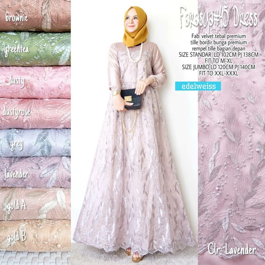 Farasya Dress Muslimah #45 Gamis Brukat Jumbo Gamis Lebaran Terbaru Gaun Pesta Resepsi Seragam Pernikahan Outfit Bridesmaid Broklat Jumbo Wanita xxxl Dress Code Kondangan Warna Rose Gold Greentea Ice Blue Maroon Navy Brown Millo Putih Denim