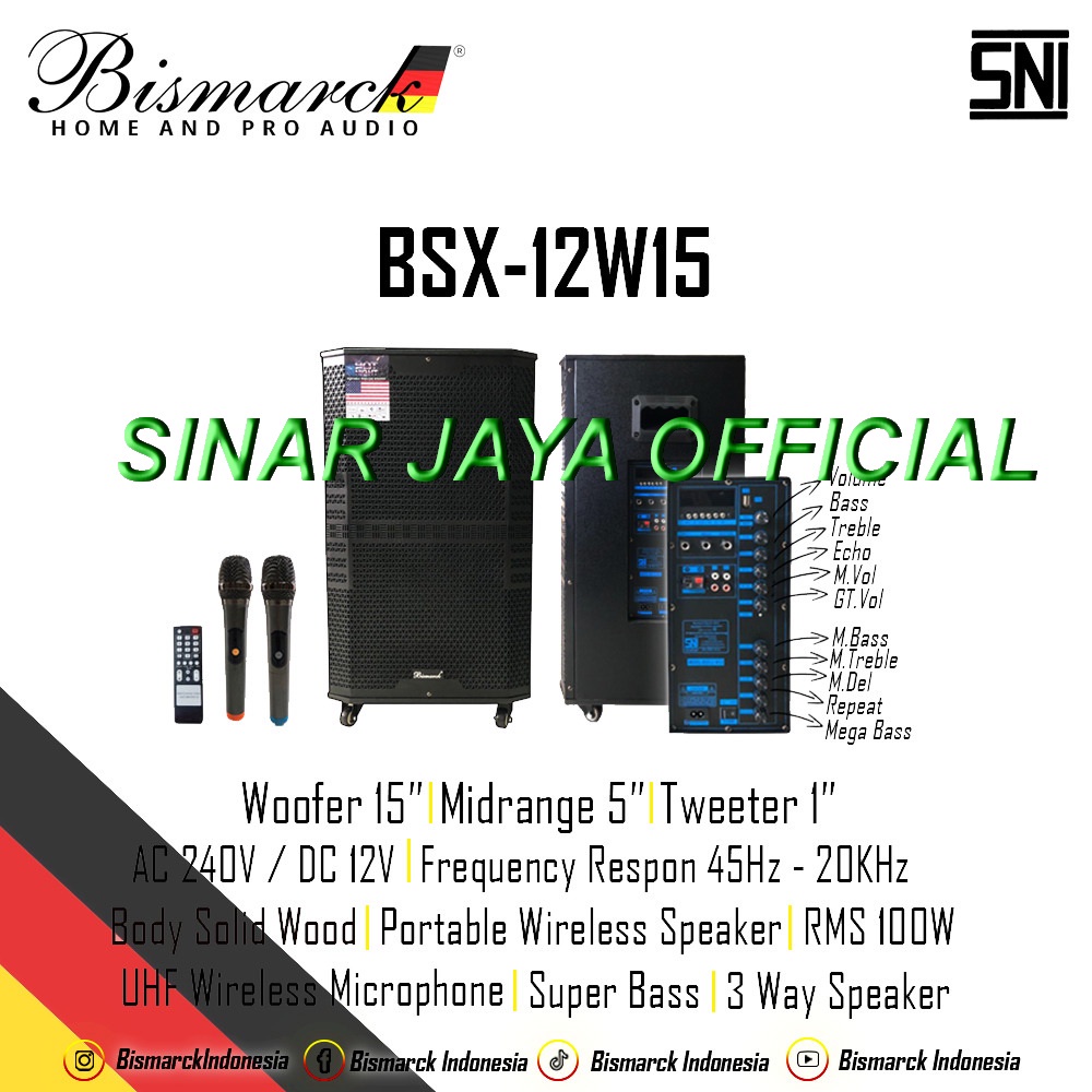 Speaker Portable Wireless BISMARCK BSX12W15 ( 15 inch ) Garansi