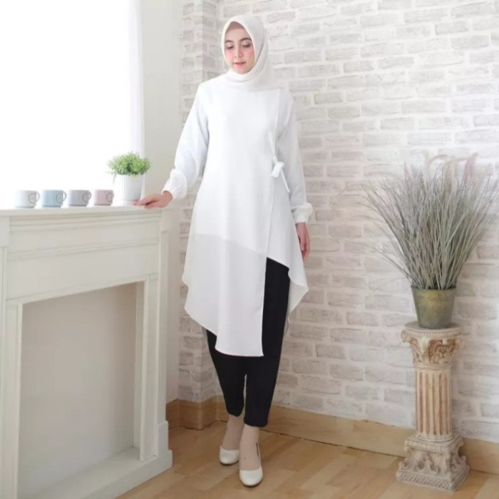 Tunik Lebaran TUNIK PUTIH WANITA MUSLIM TUNIK PUTIH JUMBO - S Dress Gratis Ongkir Import Mewah BestS