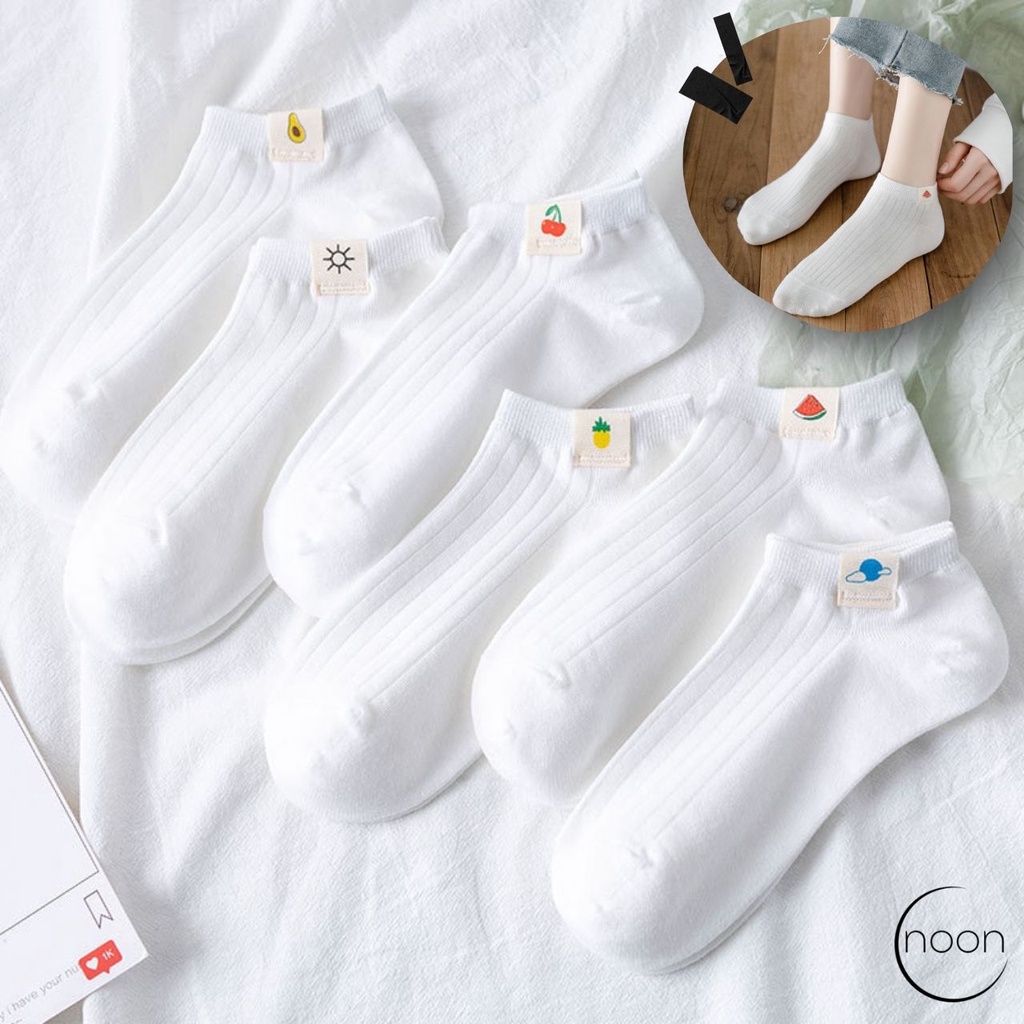 NOON (Organics) Kaos Kaki Putih Pendek Mata Kaki Polos Ankle Socks Sneakers Kerja Gym Sport Badminton Vans Keds Sekolah Korea Olahraga Kerja Kantor Pendek Semata Kaki Wanita Remaja Motif Lucu Imut Import Grosir Lusinan Murah Murmer