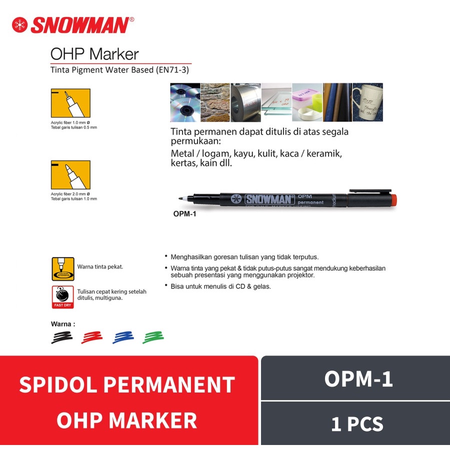 Spidol Permanent Snowman OHP Marker OPM-1 Medium 1.0 mm Hitam / Biru / Merah / Hijau