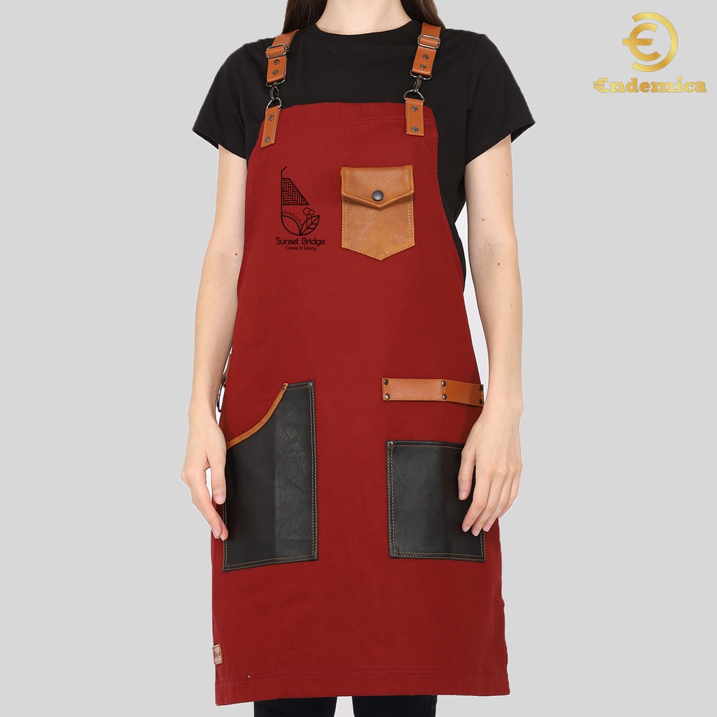 apron barista full cotton &amp; synthetic leather  include embroidery