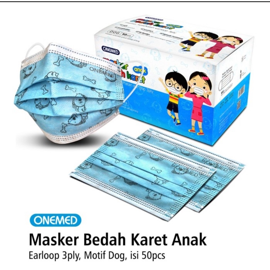 OneMed Masker Anak Earloop 3Ply Motif Kartun - Masker Bedah Karet Anak / Surgical Mask Anak Box Isi 50 Pcs