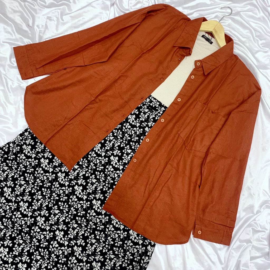 SETELAN ONESET LINEN + KAOS RIB PREMIUM + ROK FLORAL / ONE SET KEMEJA LINEN