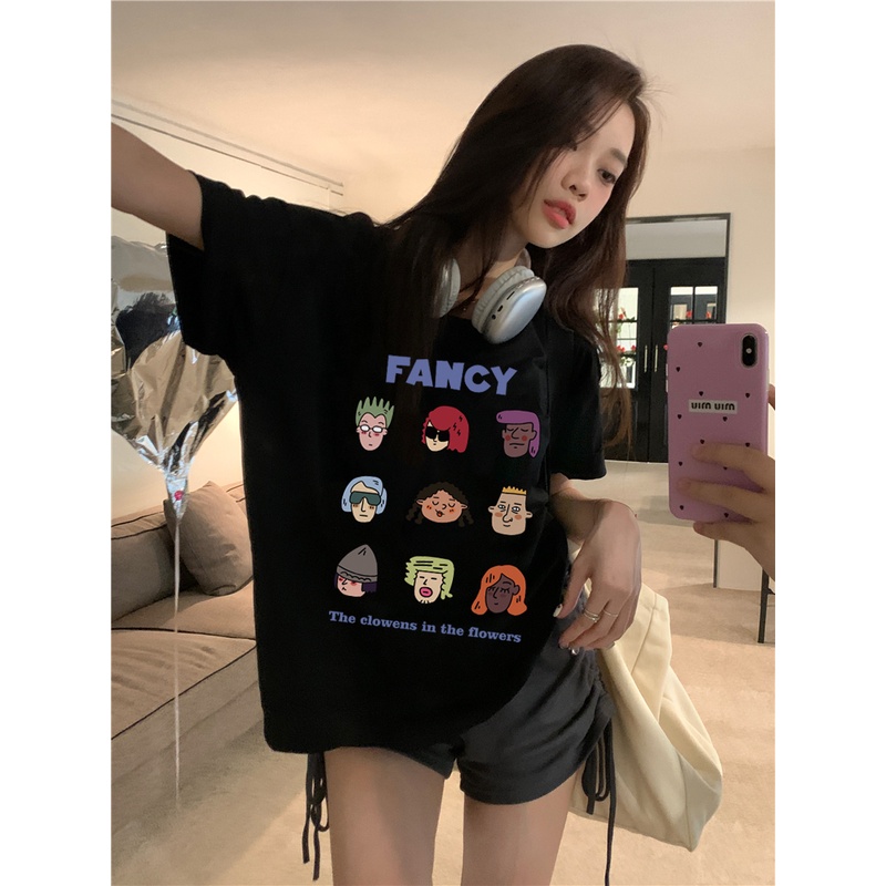 EUNII T-shirt Lengan Pendek Cartoon Rock Boy Korean Style/Kaos Atasan Wanita/Baju Kaus Oversize Wanita/Kaos Wanita