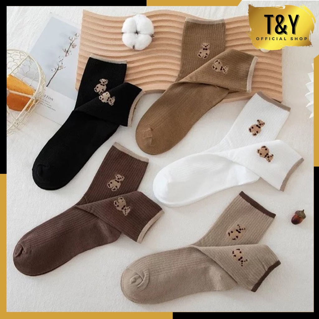 T&amp;Y Kaos Kaki Wanita Panjang Korea Motif Beruang Kaos Kaki Panjang Bear Socks Karakter Ankle Socks Korean Model Simple Cute