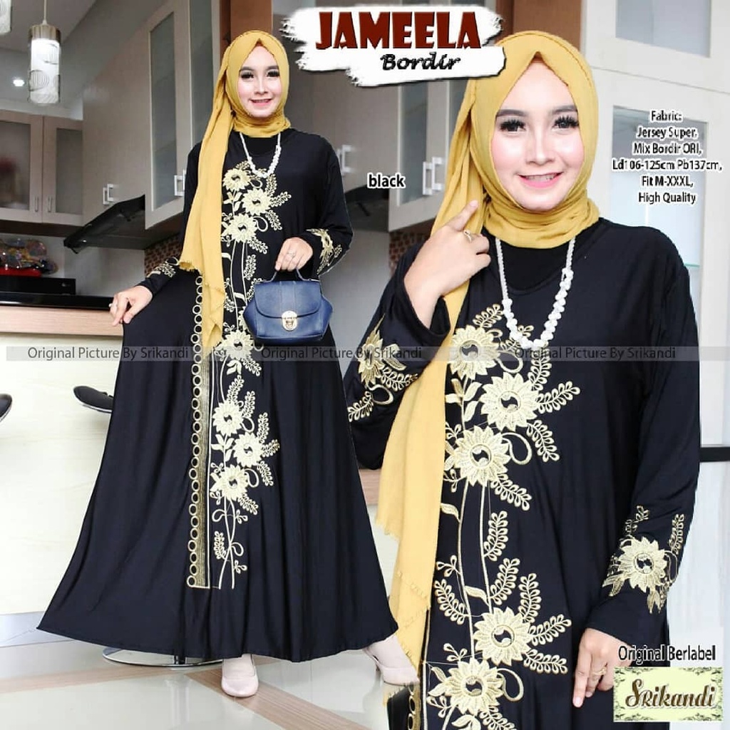 Hidayah Maxy Jameela Bordir Gamis Jumbo Jersey Motif Bordir xxxl Ld 130cm Arabian Abaya Gamis Lebaran Remaja Muslimah Terbaru Seragaman Pengajian Murah Dress Wanita Muslimah Syar'i Gamis Polos Tebal Premium Warna Hitam