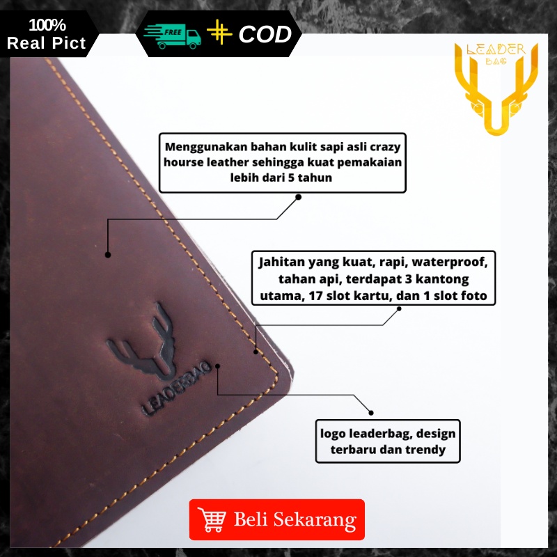 Dompet Panjang Pria Kulit Sapi Asli Merk Leaderbag Warna Coklat Khaki Terbaru Dompet Lipat Cowok Keren Branded Original SIRIUS E06