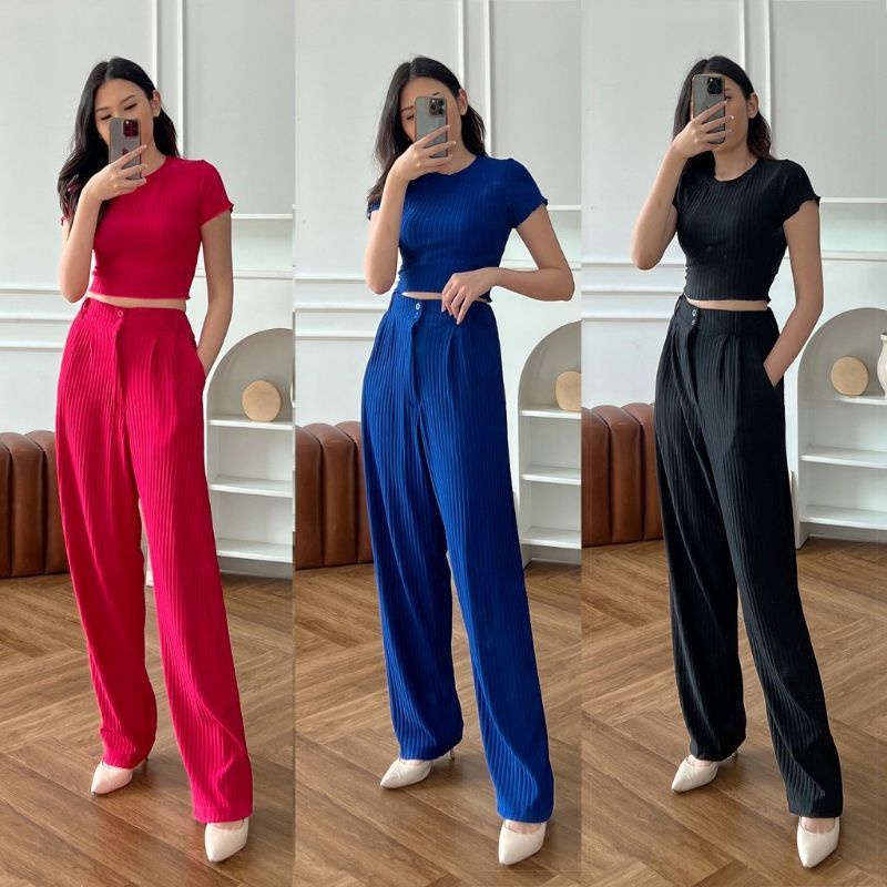 Premium Celana Kulot Rib Knit Highwaist Celana Panjang Loose Pants Trousers