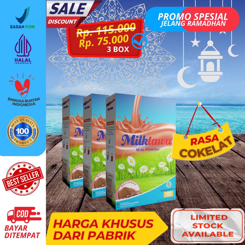 

Paket Hadiah Promo Spesial Ramadhan Susu Kambing Etawa Milktawa Bundling 3 pcs Rasa Coklat Kemasan Curah