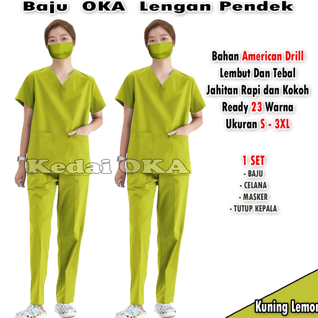 Baju Oka Perawat - Seragam Kerja Medis - Baju OK Lengan Pendek - Scrub Oka - Baju Jaga Dokter Bidan - Bahan American Drill - Promo