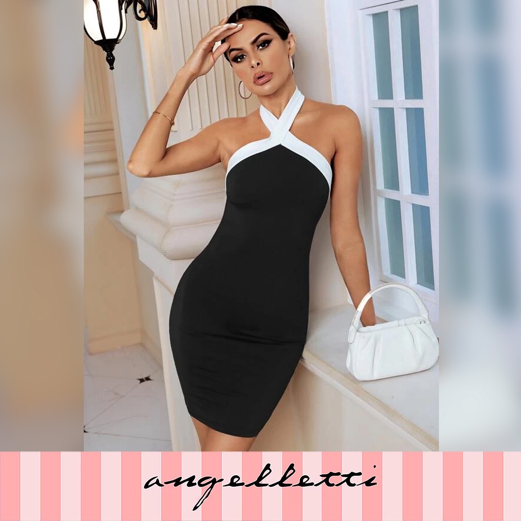 Dress Colorblock Halter Neck Backless Bodycon Dress