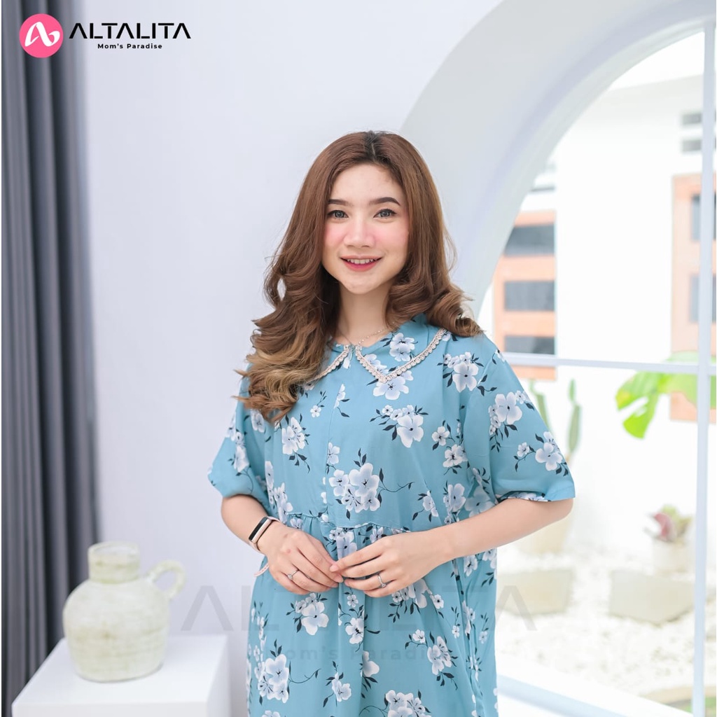 Altalita - Daster Kerah Renda Lengan Pendek Panjang Semata Kaki Busui Motif Wanita Remaja Kekinian Bahan Rayon Premium Jumbo LD 120