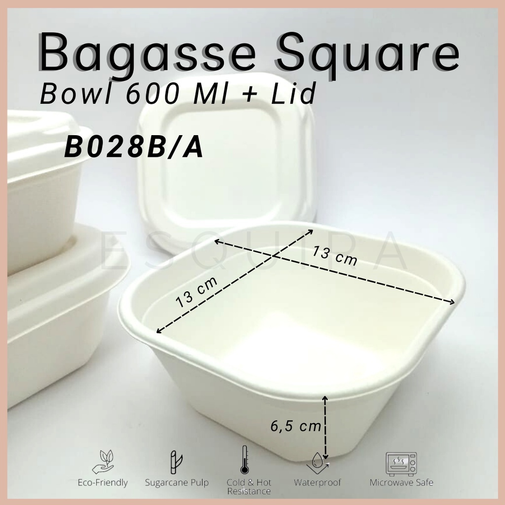 Bagasse Square Bowl 600 ML + Lid / 10 PCS / B028B/A