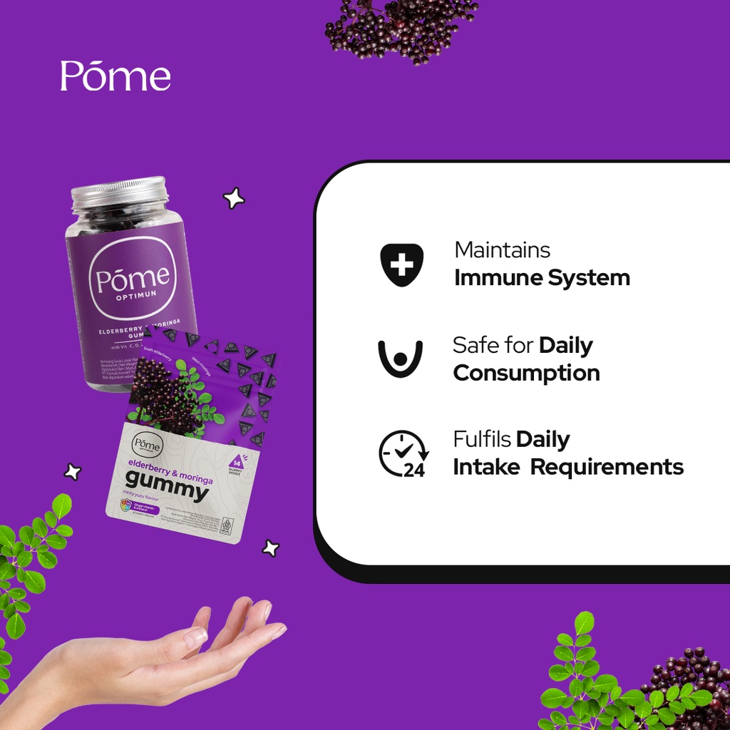 Pome Optimun 1 Botol - Elderberry &amp; Moringa Gummy dengan Vit. C, Vit D, Zinc, dan Selenium