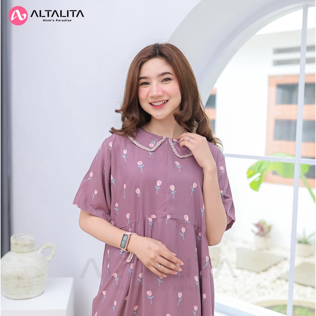 Altalita - Daster Kerah Renda Motif Remaja Kekinian Wanita Busui Panjang Semata Kaki Lengan Pendek Bahan Rayon Premium  Jumbo LD 120