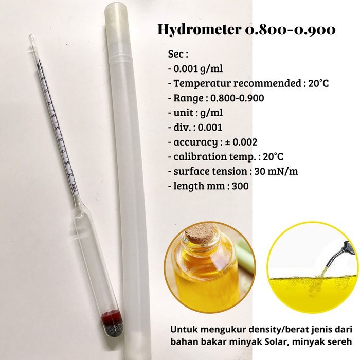 Hydrometer Baume Density skala 0,8ml-0,9ml uji solar &amp; minyak sereh - HMS