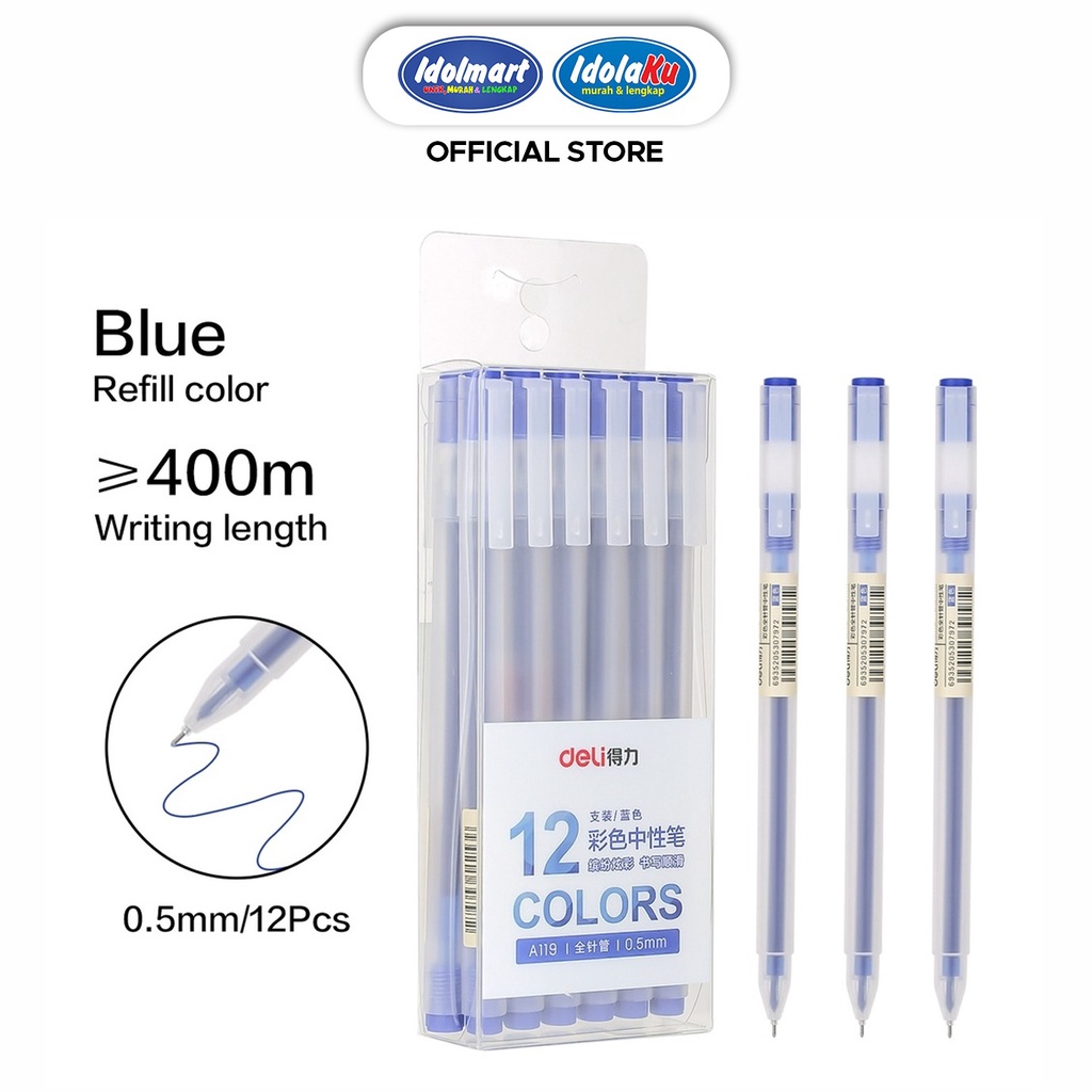 IDOLMART Deli Pulpen Gel Pen A119 Biru / Tip 0.5mm Panjang Penulisan Hingga 400m /pcs Deli Surabaya