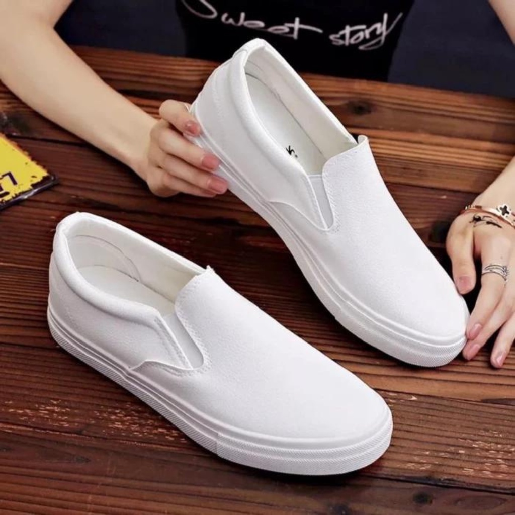 Sepatu Slip On Putih Pria Wanita Polos - Sepatu Selop Hitam Putih Polos Couple  - Sepatu Putih Cowok Cewek