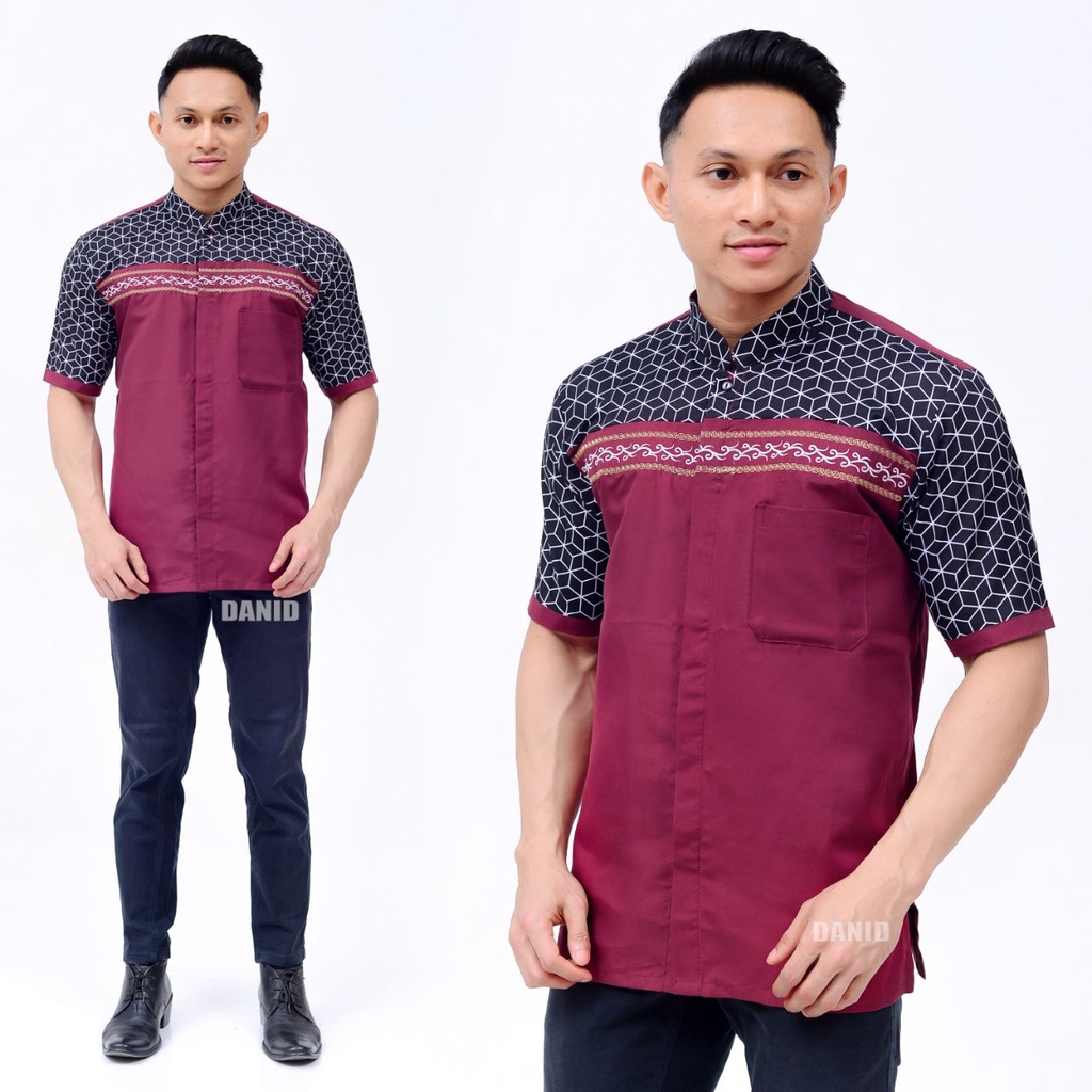 Baju Batik Pria Kombinasi Polos Kertabumi Lengan Pendek