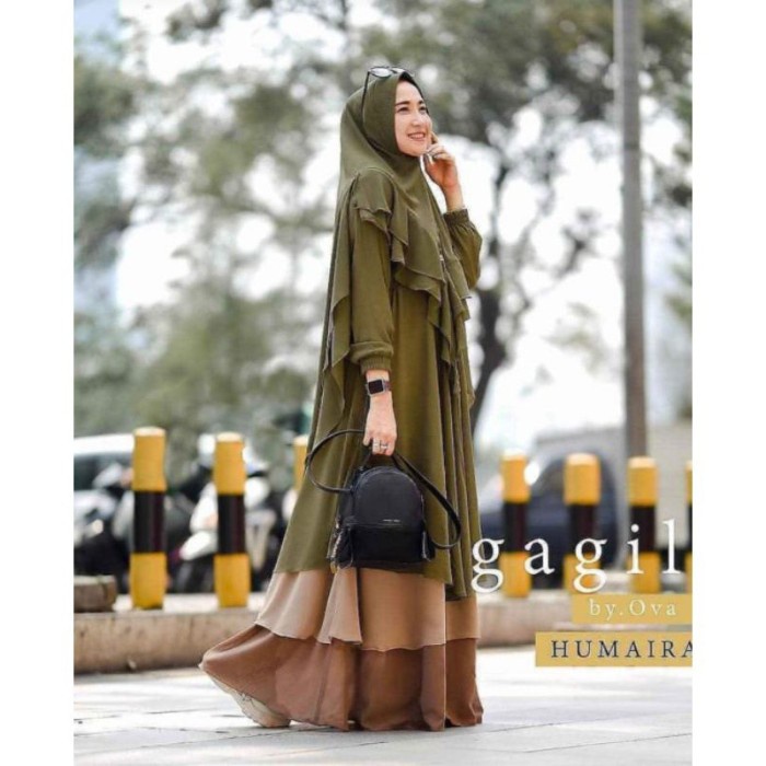 Baju Gamis Wanita Muslimah Humaira Syari Set Khimar Ceruty Babydoll Ib - Army V4O1