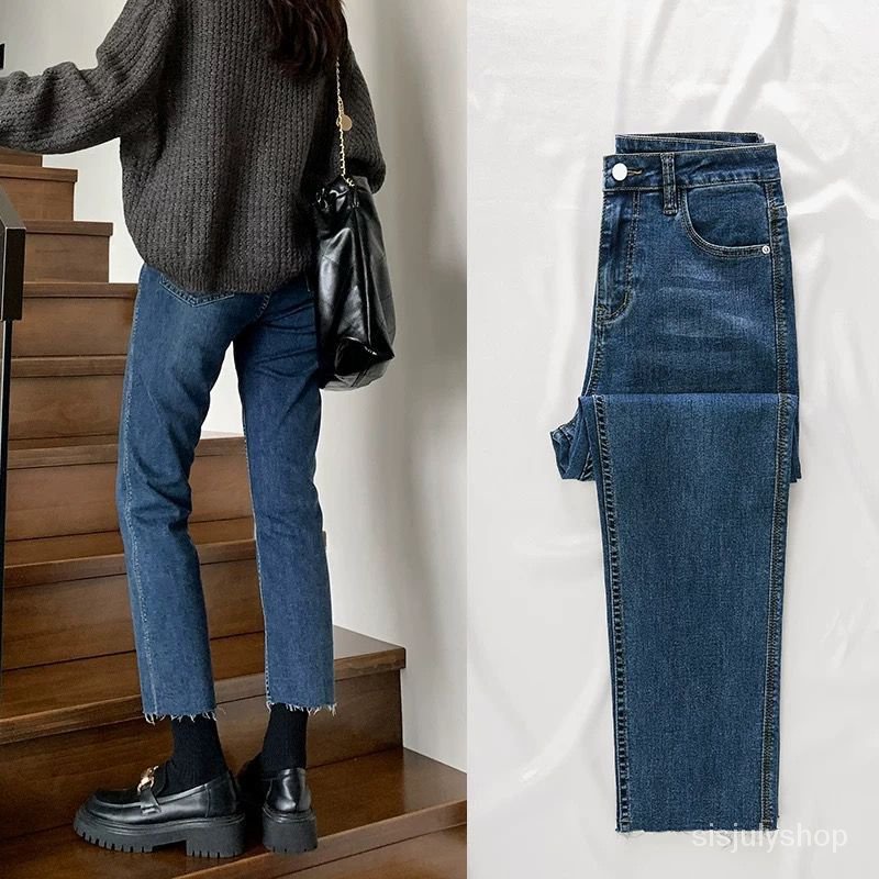 [✅BISA COD] #Sisjuly# Jeans lurus baru wanita dengan pinggang tinggi sembilan titik skinny jeans lon