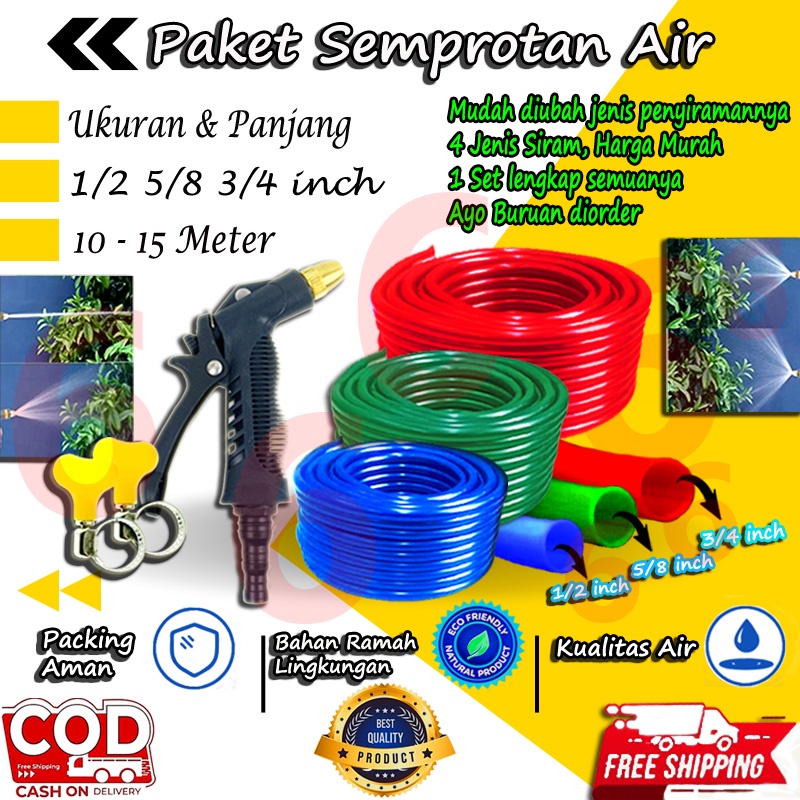 SEPAKET SEMPROTAN SELANG AIR ELASTIS DOP 1/2 5/8 3/4 INCH 10 15 METER 1 ROL JET SPRAY KEBUN ALAT CUCI MTOR MOBIL