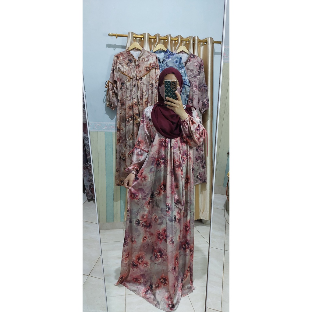 GAMIS DRESS ARMANI SILK BROWN MOTIF ROSE MEWAH