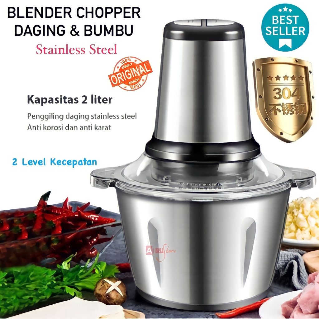 ( BISA COD ) PROMO BLENDER DAGING CHOPPER MEAT BESAR / MEAT GRINDER BLENDER STAINLESS STEEL 2 LITER / PENGGILING DAGING SERBAGUNA / FOOD CHOPPER / PENGHANCUR DAGING SAYUR BUAH / BLENDER DAGING MURAH STAINLESS STEEL