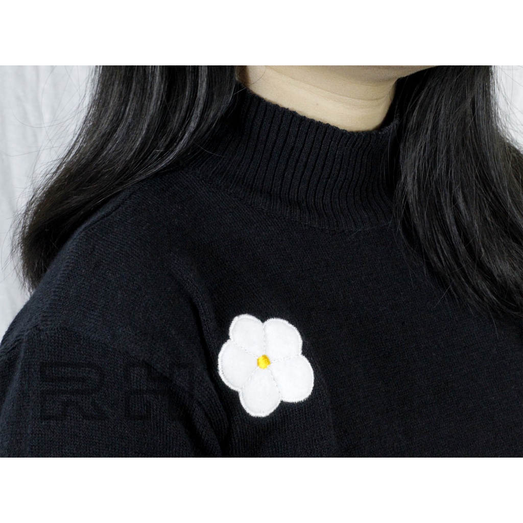 RH - SWEATER BAJU RAJUT TURTLENECK WANITA MOTIF BORDIR BUNGA KERAH TINGGI TANGAN TIGAPEREMPAT LEMBUT TEBAL STREATCH