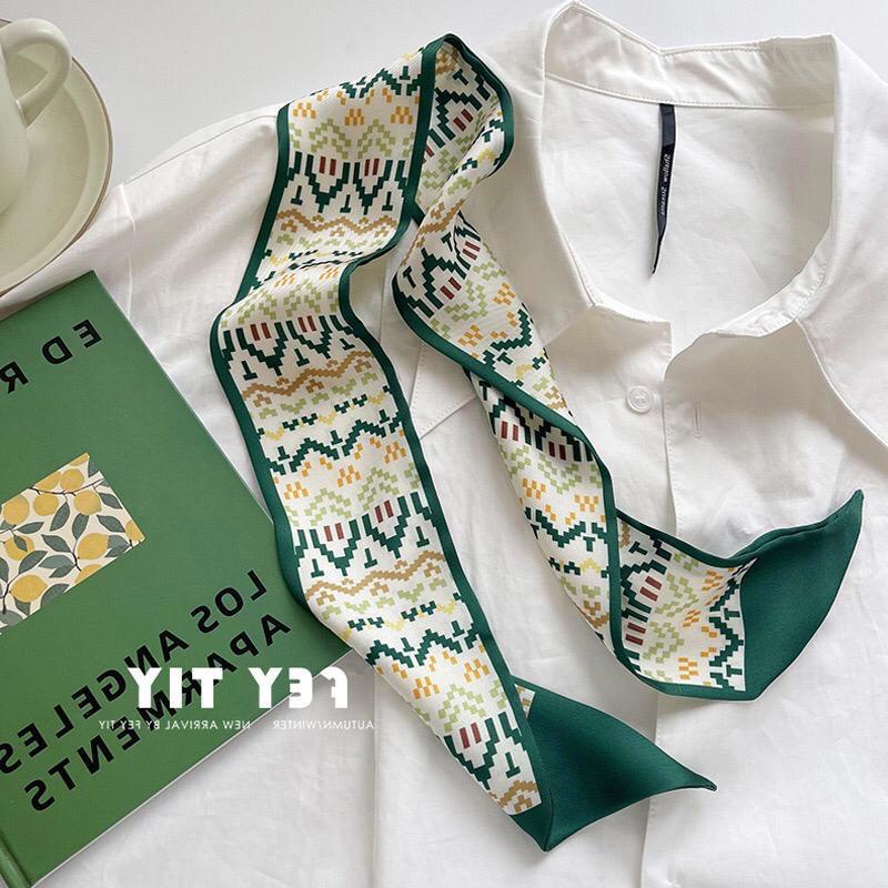 Syal Sutra Kecil Korea Scarf Fashion  Wanita Hijau Putih Lembut