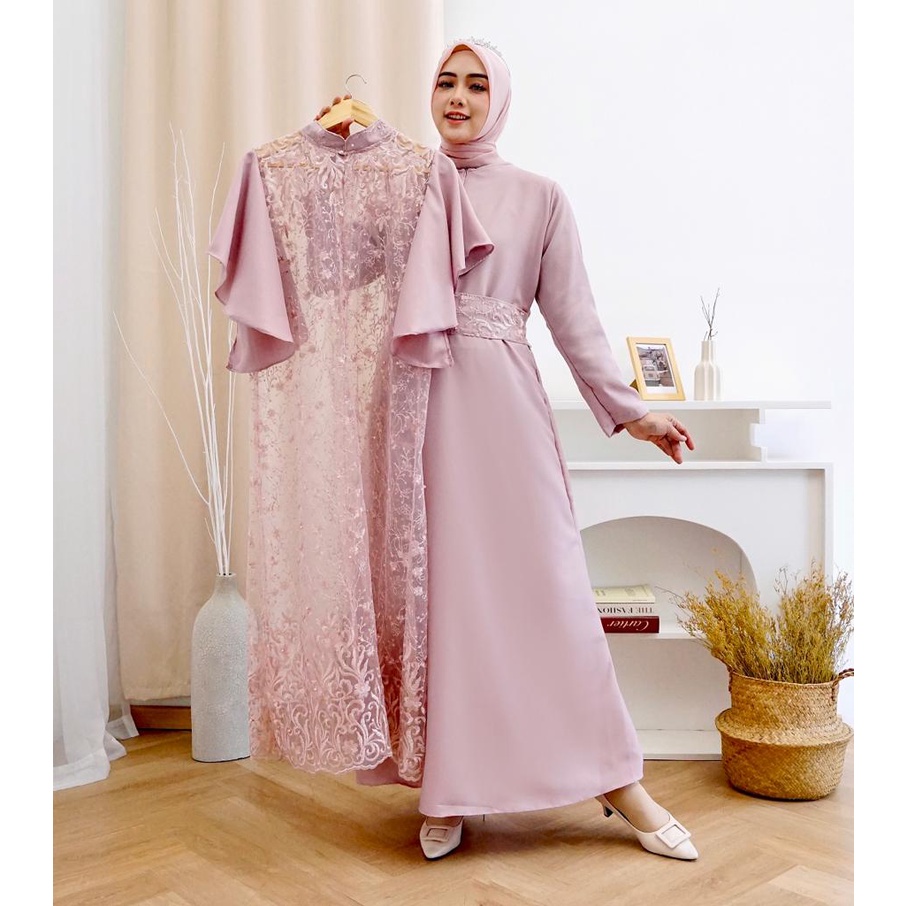 (Pasti Realpict) 2IN1 GEORGINA DRESS INNER + OUTER BRUKAT TILLE PREMIUM / FREE BELT / SET GAMIS MAXI DRESS KONDANGAN