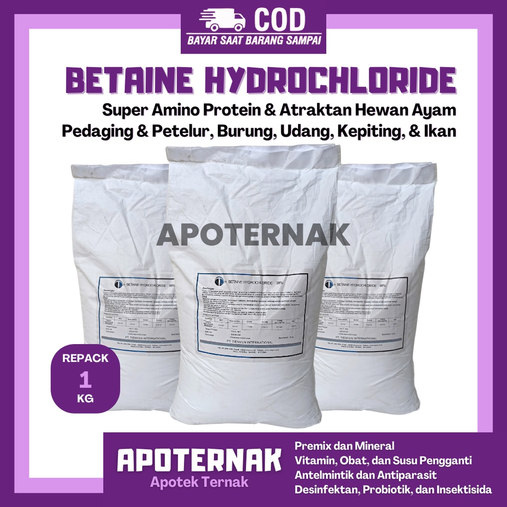 BETAINE HCL 1 kg | Super Amino Protein &amp; Atraktan Hewan Sapi Babi Ayam Burung Udang Kepiting Ikan | Betain Ternak