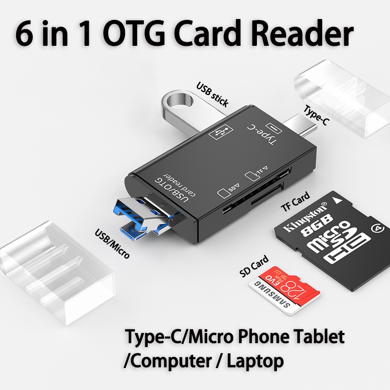 Actual【COD】Card Reader OTG 6 IN 1 USB 3.0 / USB 2.0 / Type C / Micro USB / SD Card / TF Memory Card Reader OTG Adapter