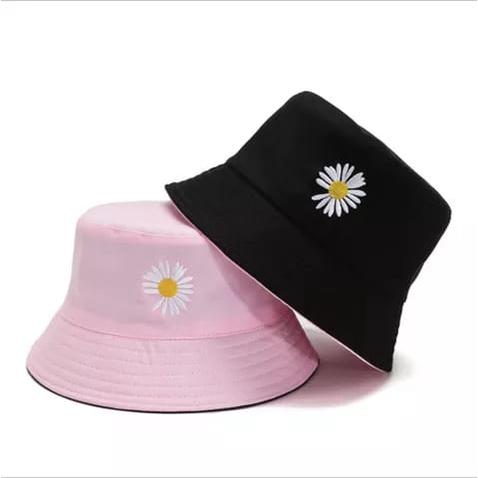 Topi Bucket Dua Sisi Anti Uv Motif Bordir Bunga Daisy Bahan Katun Twill / Bucket Bordir Bunga matahari