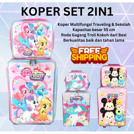 Koper Set 2in1 KOPERSET sekolah Tas Sekolah Tas Traveling bahan Import Unicorn Frozen Dino Dinosaurus Helokitty Hello kity