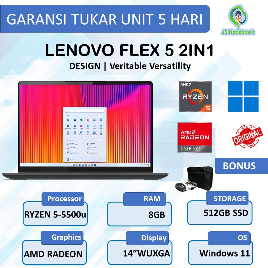 LENOVO FLEX 5 2IN1 TOUCH RYZEN 5 5500u 8GB 512SSD WINDOWS 11