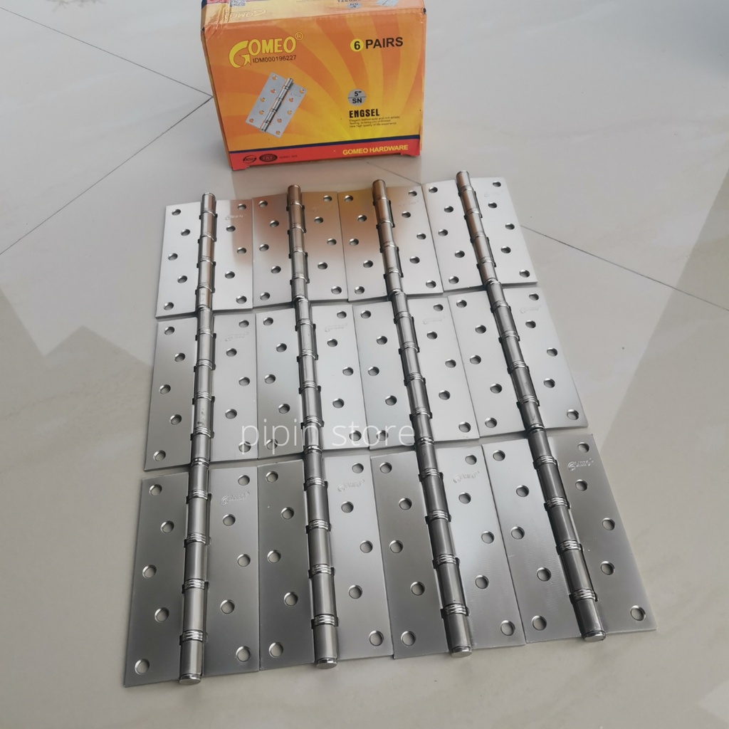 Paket 6 Biji Engsel Pintu Rumah 5 Inch Tebal Engsel Pintu Kayu Besar Jati Ulin 5&quot; Inc Gomeo Murah Satin Putih Crom Stainless Steel 1 Set