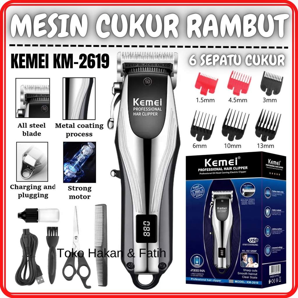 Kemei KM-2619 Alat Cukur Rambut Profesional Tanpa Kabel Rechargeable Adjustable Dengan Layar LCD | H