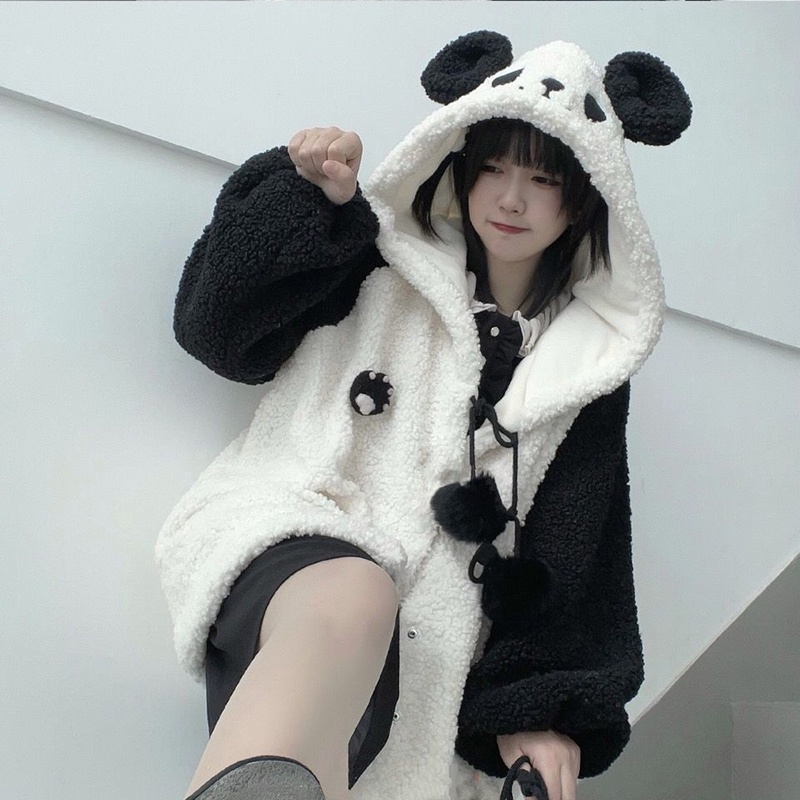 Kawaii Hoodie Wanita Mantel Bulu Sweatshirt Longgar Ritsleting Lucu Panda Telinga Topi Musim Gugur d