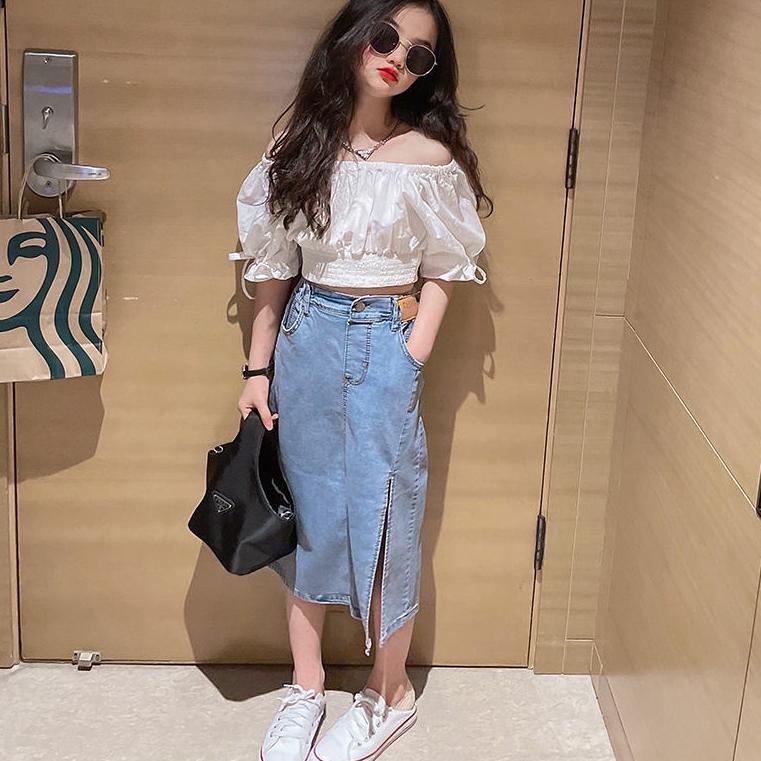 HARGA SPESIAL SSP5-Setelan Set Anak ABG Perempuan Crop Top + Rok Jeans SABRINA