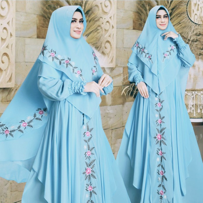 PROMO BAJU GAMIS WANITA JUMBO TERBARU SYARI SET KHIMAR CERUTY BUSUI ANGEL - BIRU TERLARIS TERBARU EL
