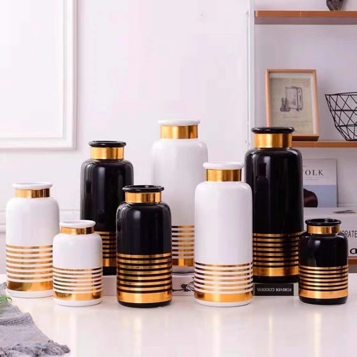Vas Oriel Vase / Vas Bunga Keramik Cantik Hitam Putih Gold Emas
