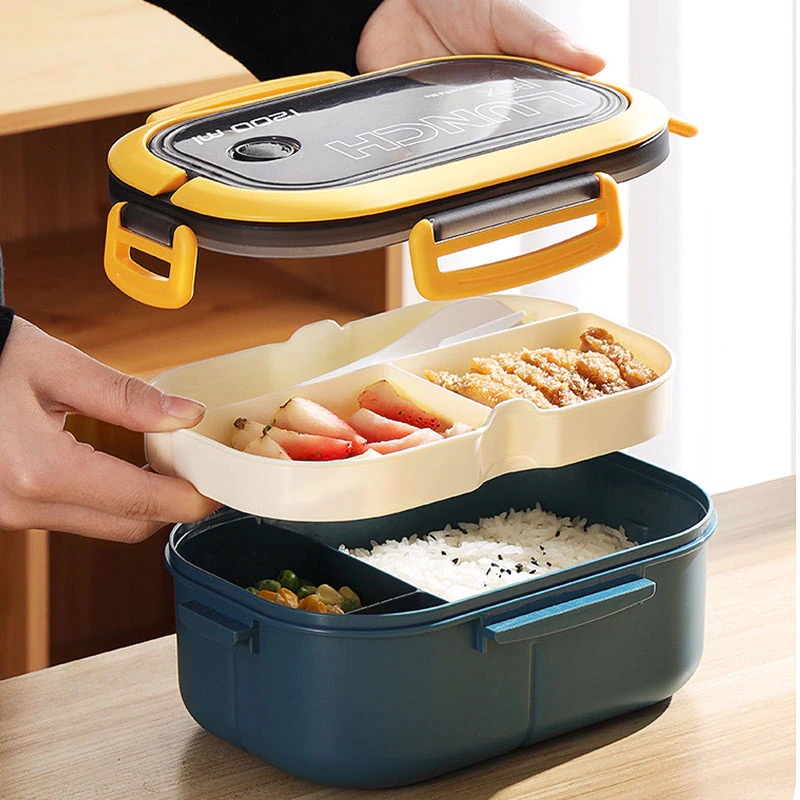 Kotak Makan Bento Lunch Box Double Layer 1200ml - HF225 - Blue/Yellow