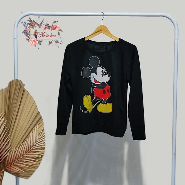 Crewneck Mickey Mouse Black Maroon Sweater wanita mickey mouse Bahan Babyterry Motif Sablon Classic Sweter Korean Style